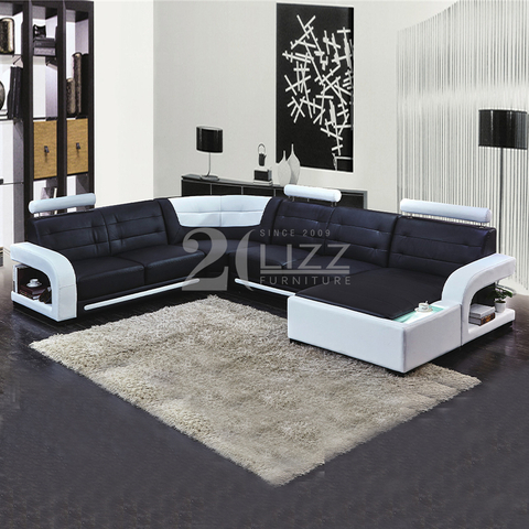 U-förmiges Ledersofa mit Led-Sofa mit Stauraum
