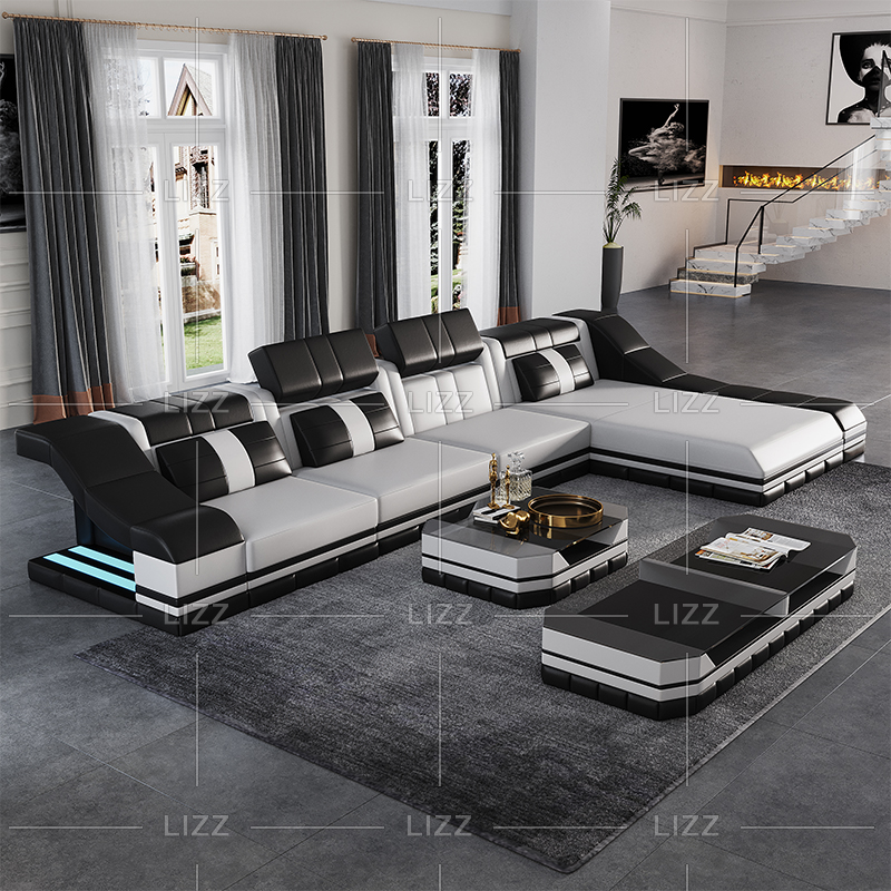 L-förmiges LED-Sofa aus Leder mit Couchtisch