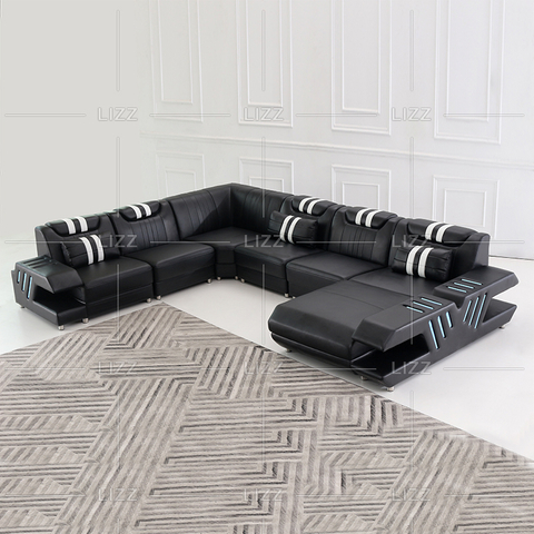 U-förmiges dunkelschwarzes LED-Sofa mit Bluetooth-Lautsprecher