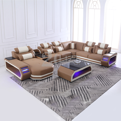 Modulares Wohnzimmersofa aus Leder mit Tisch
