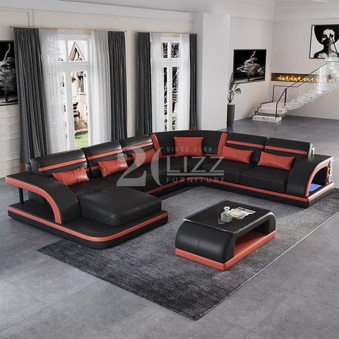 Modernes Wohnzimmersofa aus Leder mit Chaiselongue