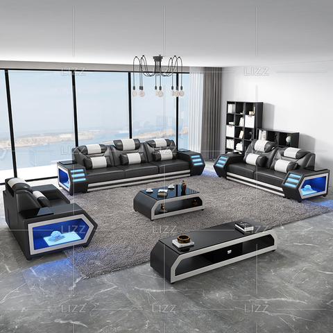 Mittelgroßes LED-Sofa aus Leder mit Kissenrücken