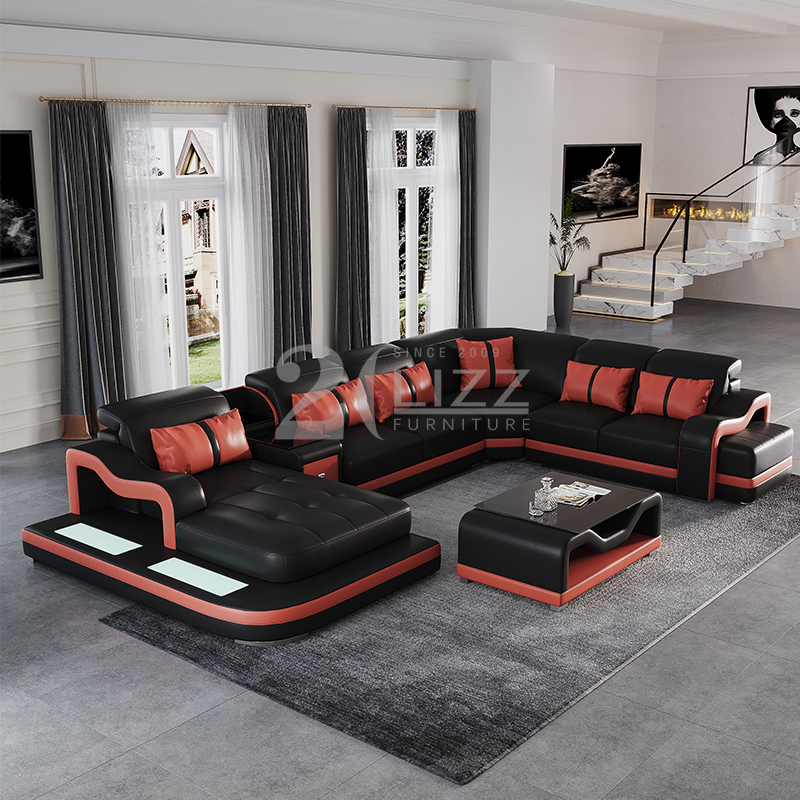 U-förmiges LED-Sofa aus Leder für Wohnzimmer