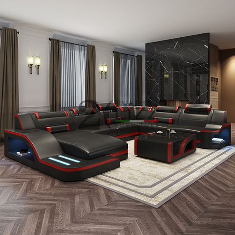 LED-Sofa aus echtem Leder mit Couchtisch