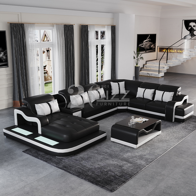 U-förmiges LED-Sofa aus Leder für Wohnzimmer
