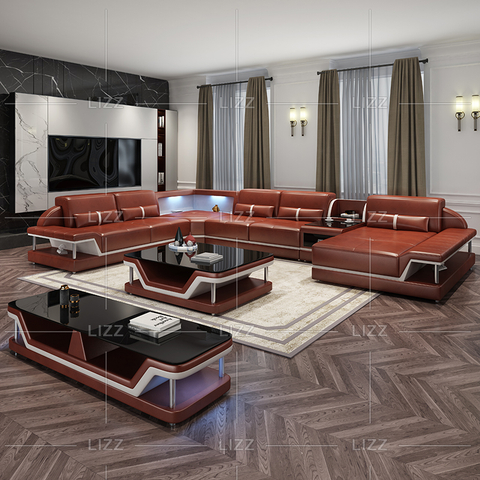 Modernes Wohnzimmersofa aus Leder mit Tisch