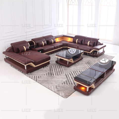 U-förmiges dunkelbraunes LED-Sofa mit Tisch