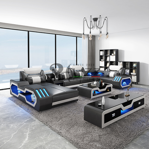 U-förmiges Ledersofa mit LED-Ausschnitt und TV-Ständer