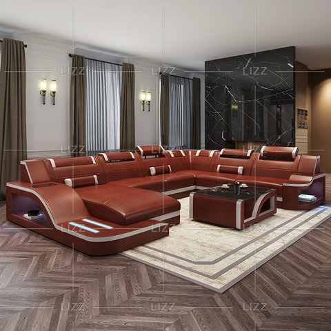 U-förmiges dunkelbraunes LED-Sofa für Schlafzimmer