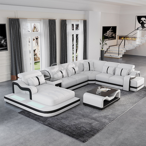 U-förmiges LED-Sofa aus Leder für Wohnzimmer