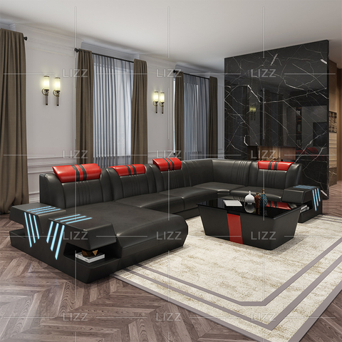 Wohnzimmer Leder LED-Sofa mit Kissenrücken