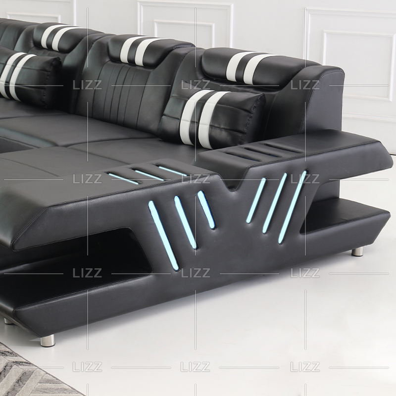 U-förmiges dunkelschwarzes LED-Sofa mit Bluetooth-Lautsprecher